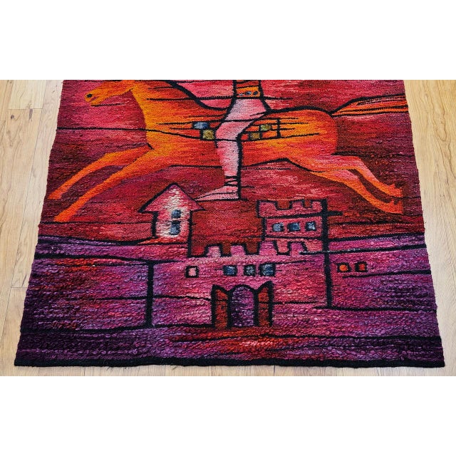 Vintage Mid-Century Tapestry, Handwoven Wool, Folkloric Rider Design, 40" X 86" For Sale - Image 9 of 15