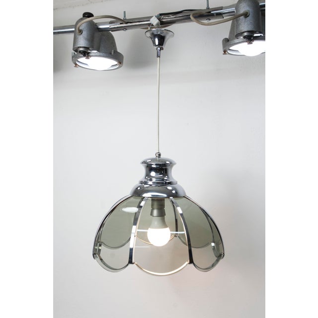 Floral Pendant Lamp in Chromed Metal and Grayed Glass, 1970 For Sale - Image 13 of 14