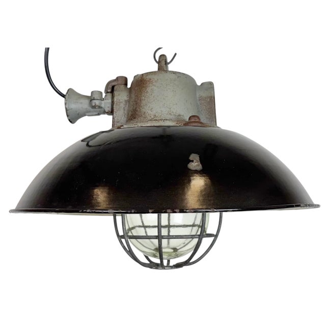 Black Enamel and Cast Iron Industrial Cage Pendant Light from Elektrosvit, 1960s For Sale - Image 18 of 18