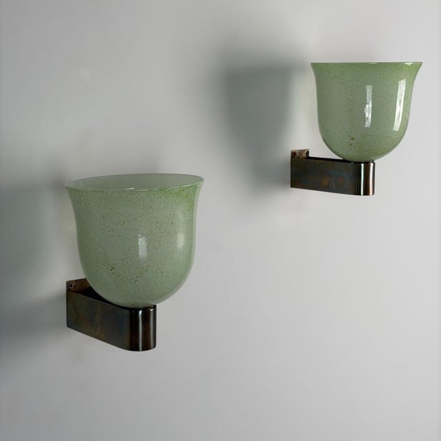 Green and Gilt Murano Glass Sconces by Tomaso Buzzi for Venini, 1940s, Set of 2 For Sale - Image 6 of 18