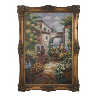 Monumental Framed Garden Walk Oil Painting on Canvas For Sale