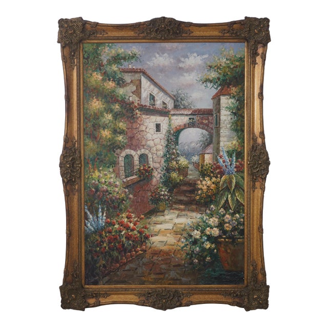 Monumental Framed Garden Walk Oil Painting on Canvas For Sale