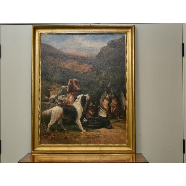 Black Mid 20th Century English Oil on Canvas Hunt Painting of Three Dogs and Their Catch in Frame For Sale - Image 8 of 8