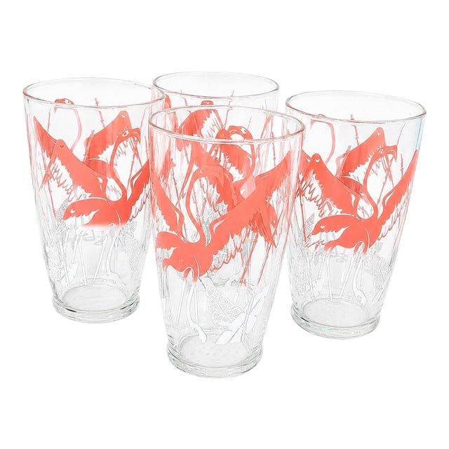 Set of 4 Monumental Coastal Vintage Pink Flamingo Cocktail Drinking Glasses For Sale