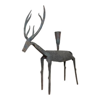 Antique Handmade Wrought Iron Buck Deer Sculpture Candle Holder Statue Stand For Sale