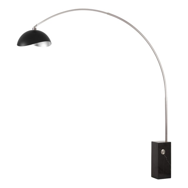 Iconic 95" Luna Bella Arc Floor Lamp - Mid-Century Modern, Satin Nickel Steel, Black Marble Base For Sale