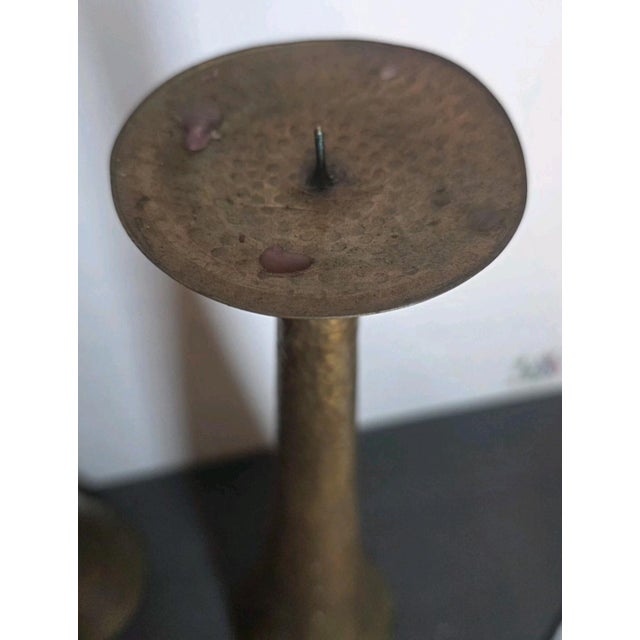 Mid 20th Century 2 Vintage MCM Arts and Crafts Hammered Copper Candlestick Candle Holder Tall 20" For Sale - Image 5 of 10
