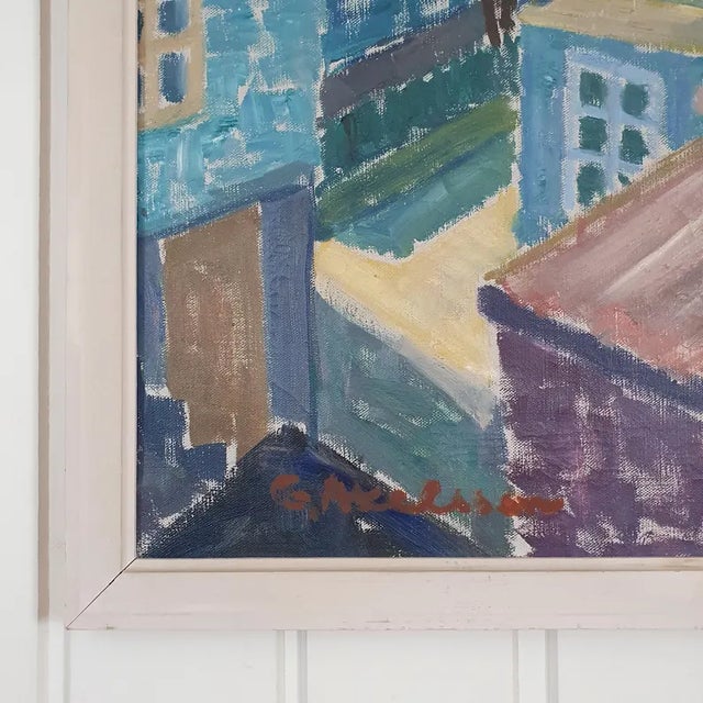 Mid-Century Modern 1950s Mid Century Swedish Modernist Cityscape Oil Painting by G. Axelsson For Sale - Image 3 of 18