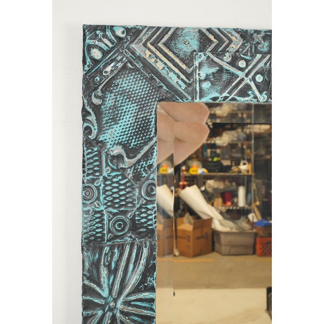 Traditional Handcrafted Teal & Black Patch Tin Ceiling Dressing Mirror For Sale - Image 3 of 6