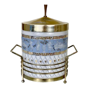 Mid-Century Greek Motif Glass Biscuit Jar Ice Bucket With Gold Serving Caddy