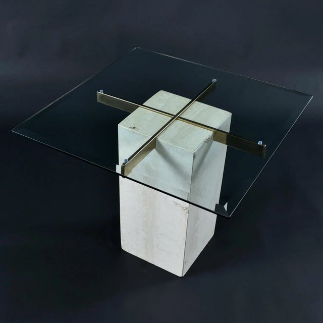 Postmodern Travertine Stone and Brass Pedestal Side Table With Square Glass For Sale - Image 3 of 10