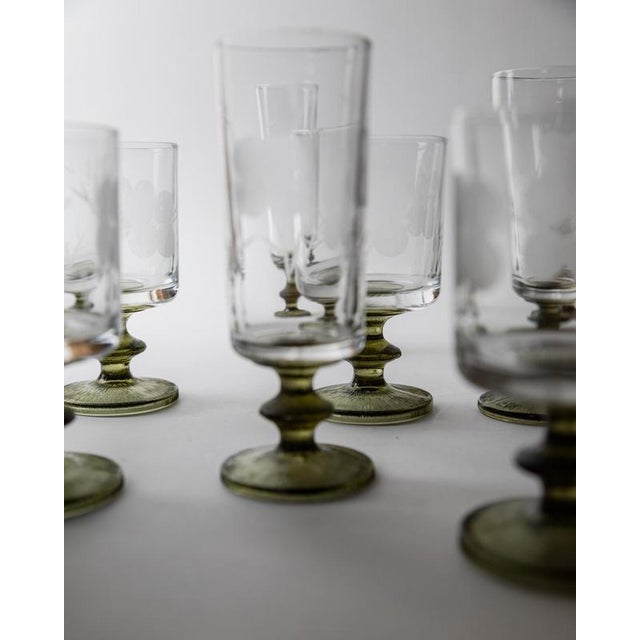 Vintage Etched Floral Clear Wine Glasses with Olive Green Stems, Set of 5 For Sale - Image 12 of 13