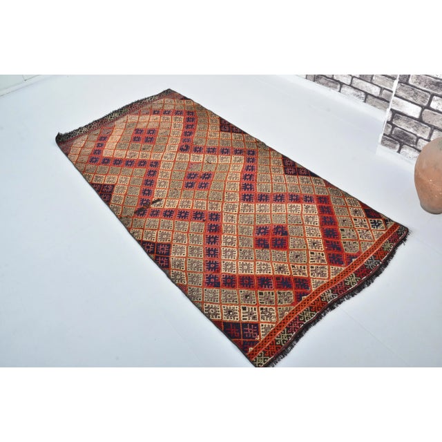 Art Deco 1960s Ruby- Red Color Geometric Pattern Handmade Kilim Runner For Sale - Image 3 of 11