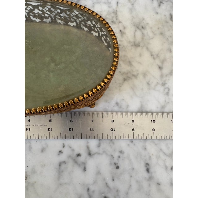1950s Vintage Filigree Brass Jewelry Box With Glass Top and Velvet Interior and Underside For Sale - Image 5 of 7