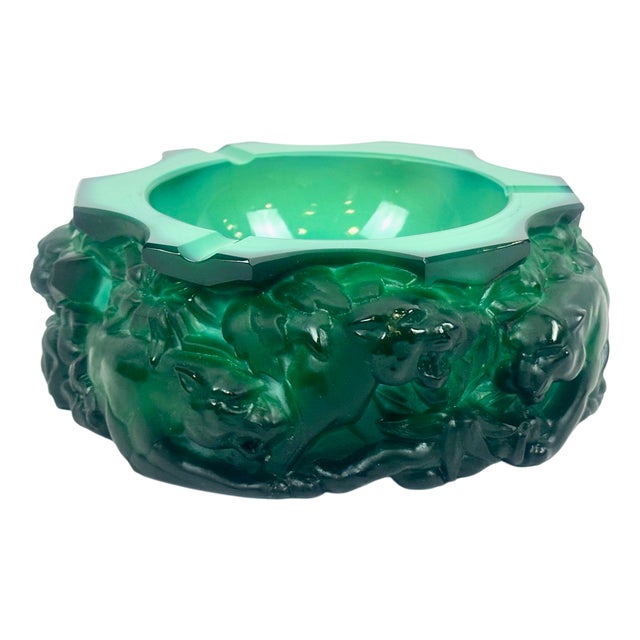 Bohemian Art Deco Malachite Glass Panthers Ashtray attributed to Heinrich Hoffmann, 1940s For Sale