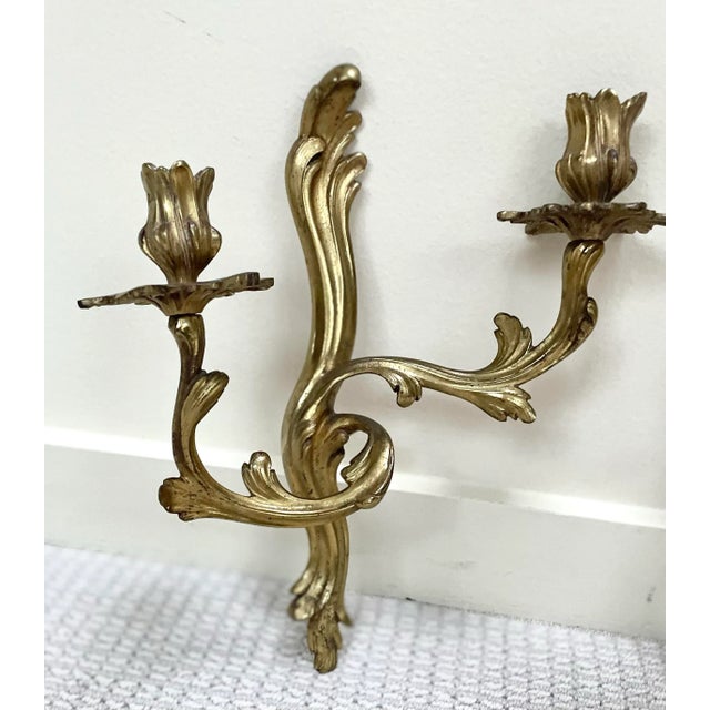 1990s Pair of Louis XV Rococo Style Gilded Candle Sconces For Sale - Image 5 of 9