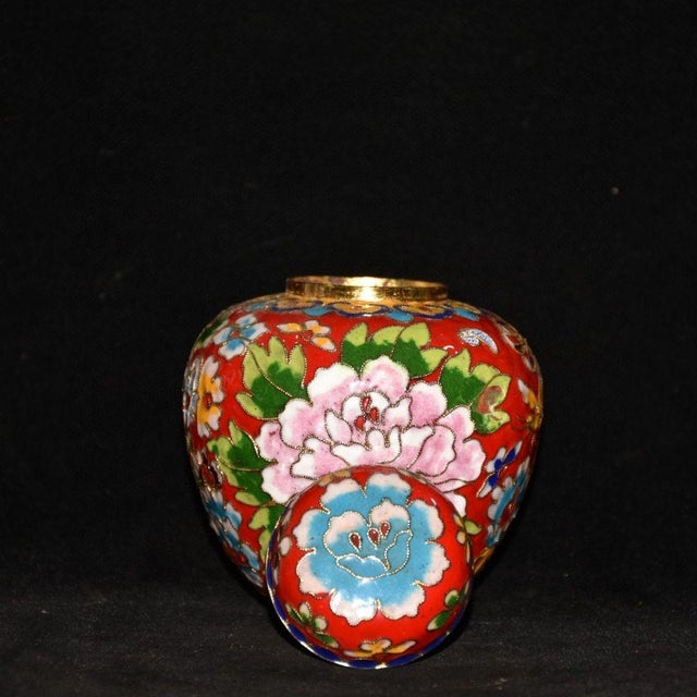Metal Cloisonné Enamel Small Melon Ginger Jar With Peony Motif and Lid For Sale - Image 7 of 9