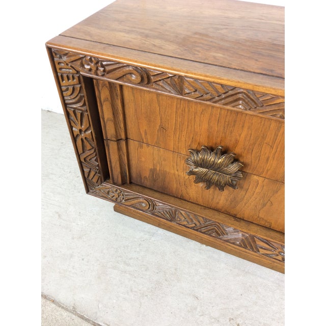 Mid Century Modern Two Drawer Nightstand With Unique Brass Hardware For Sale - Image 11 of 16