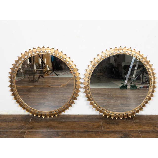Mid-Century Modern Pair of Midcentury Spanish Gilt Metal Round Mirrors with Leaves and Twisted Rope For Sale - Image 3 of 10