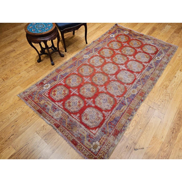 19th Century Khotan Rug in Allover Geometric Pattern in Red, Lavender, Ivory, Green For Sale In Chicago - Image 6 of 16