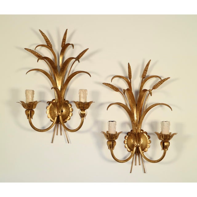 Metal 1950s Italian Gilded Tole Wheat Sconces - A Pair For Sale - Image 7 of 7