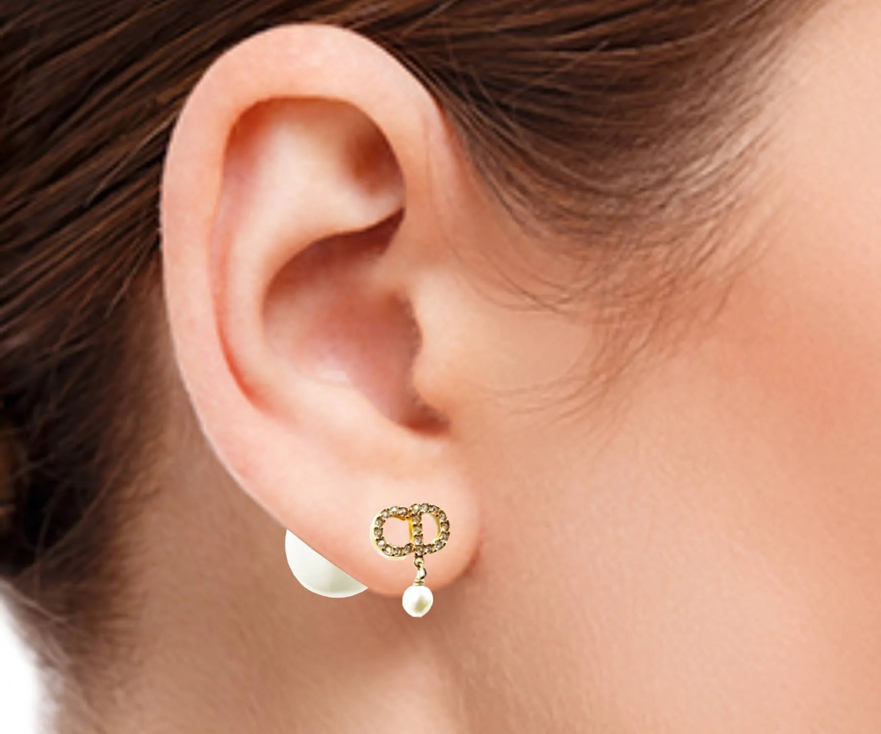 Dior Tribales Gold CC Crystal Double Face Pearl Piercing Earrings
