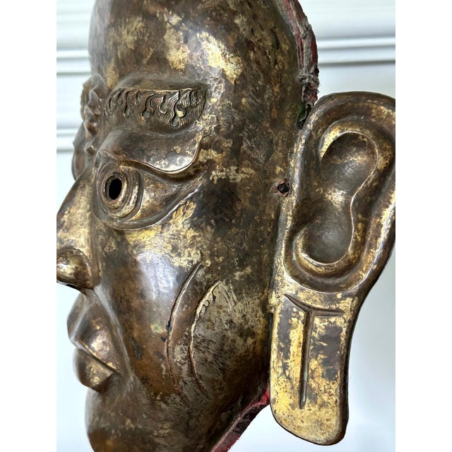 Tibetan Gilt Copper Alloy Mask on Display Stand For Sale - Image 9 of 18