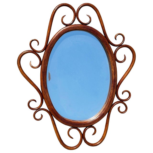 Traditional 1900s Late Victorian Thonet Style Scrolling Bent Oak Wall 30" Mirror For Sale - Image 3 of 6