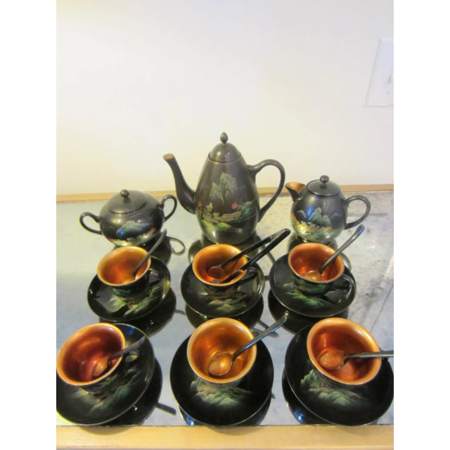 Antique Chinoiserie Black and Gold Hand Painted Lacquer Tea Set- 18 Pieces For Sale - Image 4 of 17