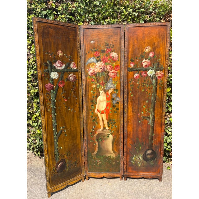 Spectacular Antique Early 20th Century Style 3-Panel Hand-Painted Room Divider Screen. An absolute showstopper of...