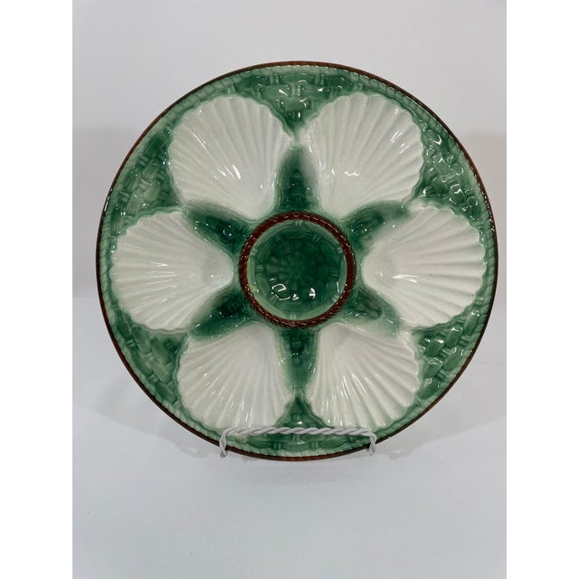 Green 1920s Antique French Longchamp Majolica Green and White Oyster Plate For Sale - Image 8 of 13