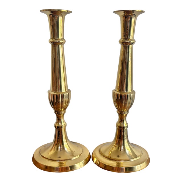 Tall Traditional Hampton Brass Candleholders, a Pair For Sale