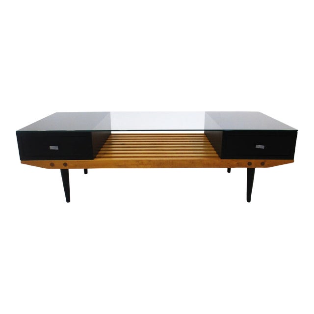 Mid Century Slat Wood / Glass Coffee Table in the Style of George Nelson For Sale