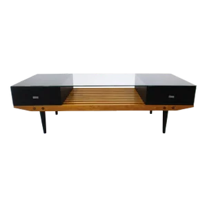 Mid Century Slat Wood / Glass Coffee Table in the Style of George Nelson