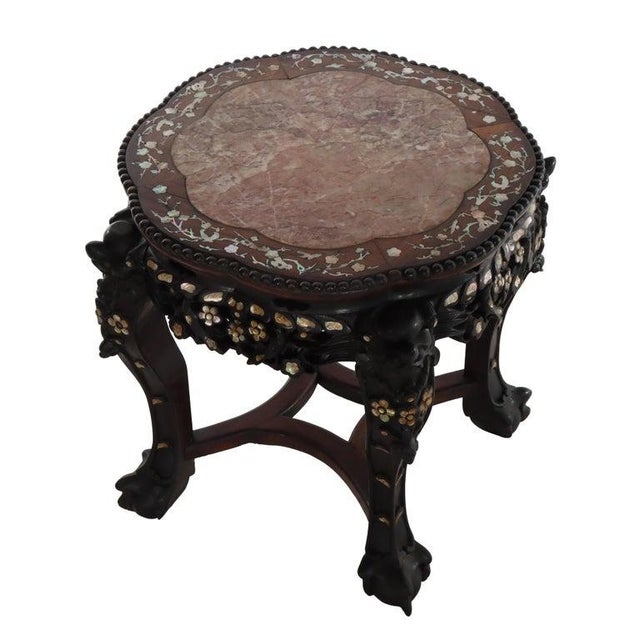 Chinese 1920s Chinese Floral Carved Rosewood Rouge Marble Top Stand With Mother of Pearl Inlay For Sale - Image 3 of 12