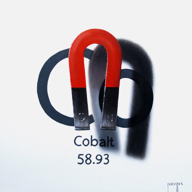 Cobalt by Patrick Nevins | Oil on Board Painting of a red magnet with the word "Cobalt" For Sale
