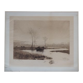 Antique Louis Harlow w.h. Shelton Signed Rowboat Riverscape Etching 22" For Sale