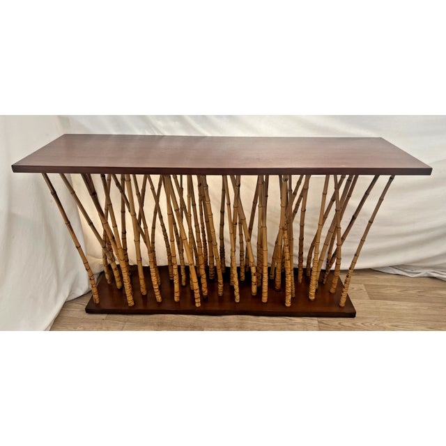 Brown Mid-Century Console Sofa Table Hollywood Regency Bamboo & Wood Forest-Base For Sale - Image 8 of 15