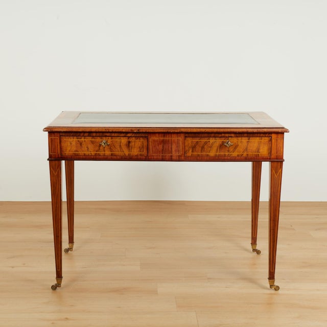 Refined 18th century English writing desk handcrafted in mahogany, rosewood and burled walnut with geometric inlays,...