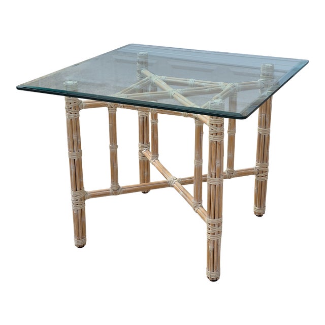 1970s McGuire Attributed Organic Modern Square Glass Top Rattan Rawhide Base Dining Table For Sale