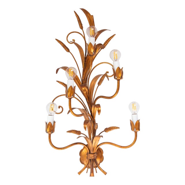 Large Italian Gilt Metal Ear of Wheat Wall Sconce, 1970s For Sale