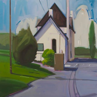 Denver Home by Samantha Buller | Oil Painting of a house on a street with greenery. For Sale