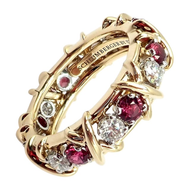Ruby Red Tiffany & Co Schlumberger Gold Platinum 16 Stone Diamond Ruby Band Ring, Size 5 For Sale - Image 8 of 14