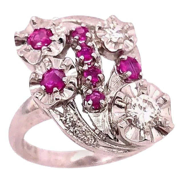 14 Karat White Gold Ruby and Diamond Cocktail Ring, Size 6 For Sale