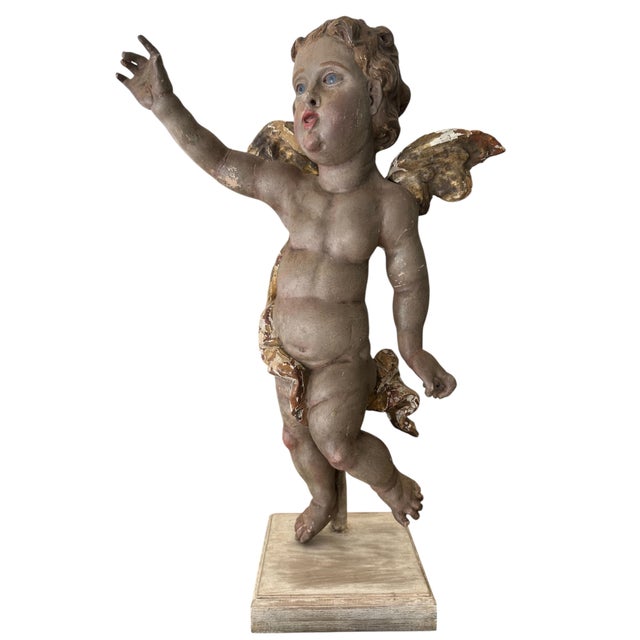 18th Century Large Bavarian Baroque Polychrome and Parcel-Gilt Carved Wood Putto.. For Sale - Image 11 of 12