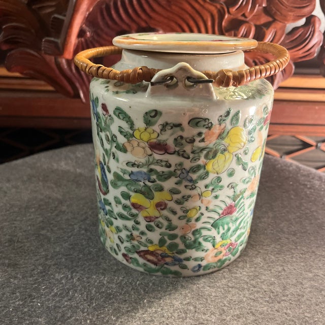 Antique Famille Rose Porcelain Tea Pot With Insulated Wicker Basket For Sale - Image 9 of 13