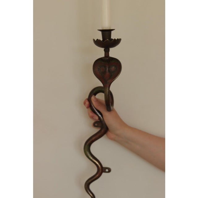 Egyptian Revival Engraved Brass Enameled Cobra Sconces, Set of 2 For Sale - Image 9 of 13