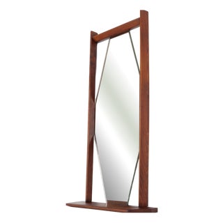 Hexagonal Wall Mirror with Frame and Integrated Shelf in Teak, Italy, 1960s For Sale