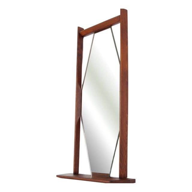 Hexagonal Wall Mirror with Frame and Integrated Shelf in Teak, Italy, 1960s For Sale