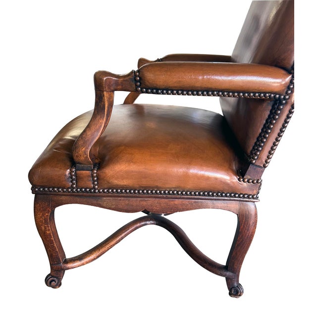 Mid 20th Century Pair Large French Regence Style Beechwood Leather Arm Chairs/Fauteuils For Sale - Image 5 of 10